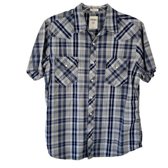 Fossil Vintage Fit Blue Grey Plaid Short Sleeve Pearl Snap Shirt Men's Lg EUC - Picture 1 of 8